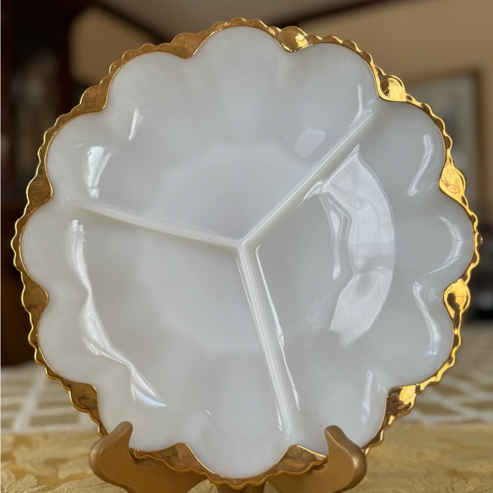 Fire King anchor hocking milk glass serving platter 
Vintage scalloped gold edge